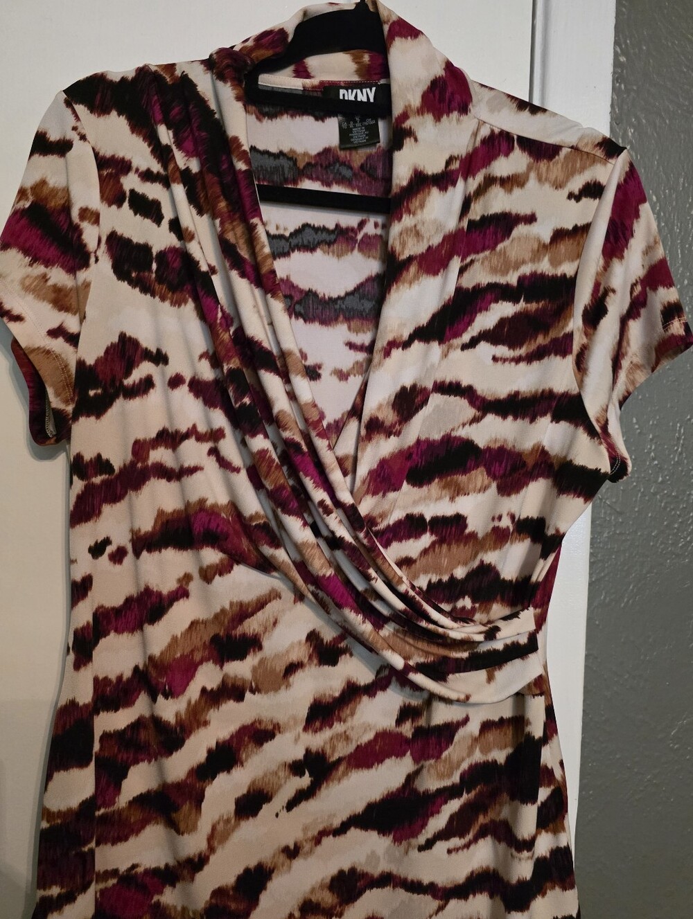 DKNY Cream, Pink and Brown Abstract-Striped Wrap Top